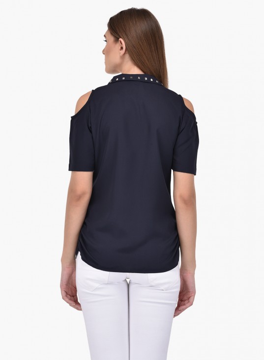 PURYS navy blue embellished cold shoulder shirt