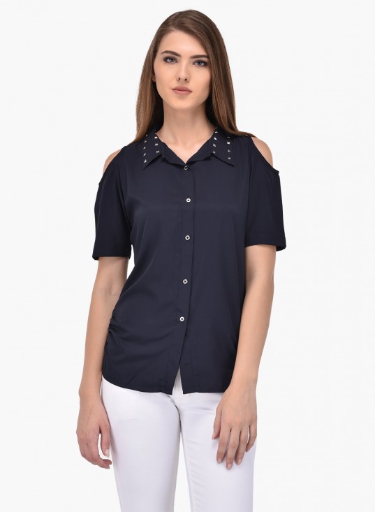 PURYS navy blue embellished cold shoulder shirt