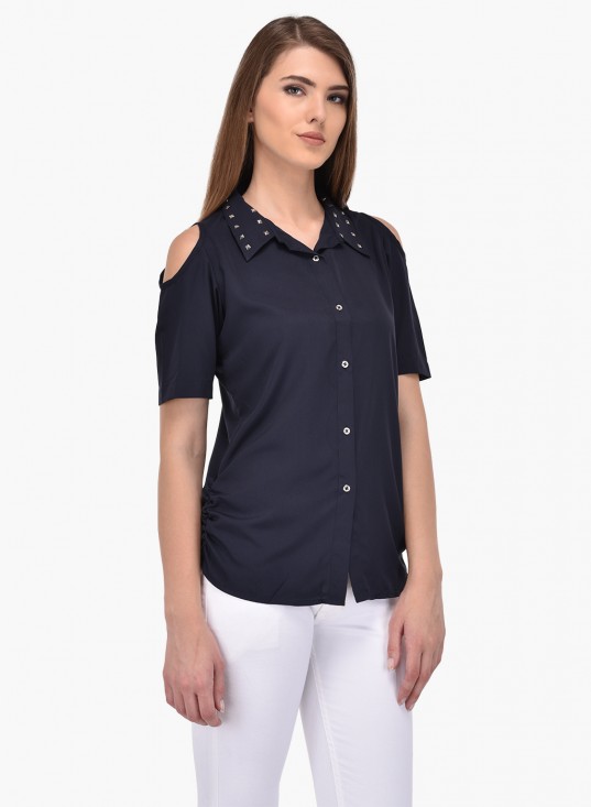 PURYS navy blue embellished cold shoulder shirt