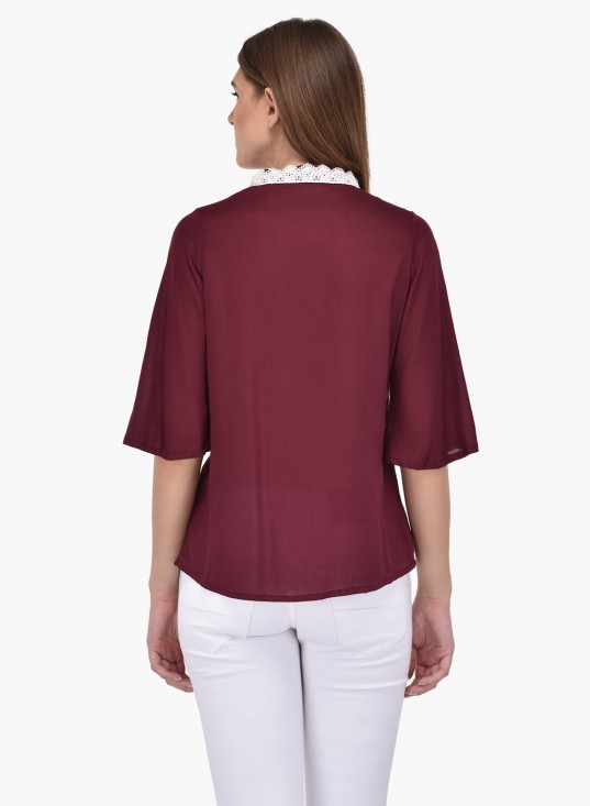 PURYS maroon lace collar buttoned shirt