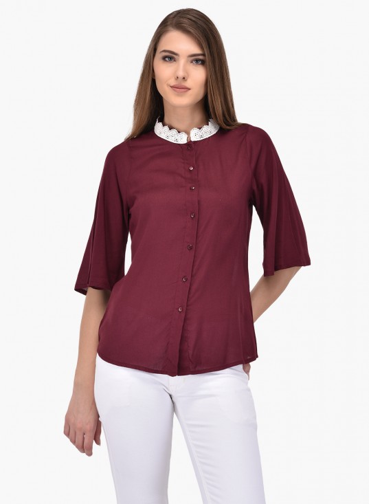 PURYS maroon lace collar buttoned shirt