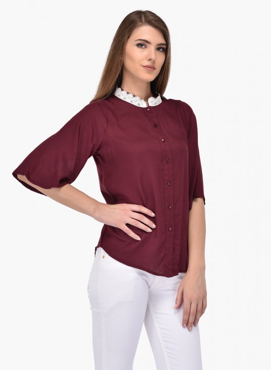 PURYS maroon lace collar buttoned shirt