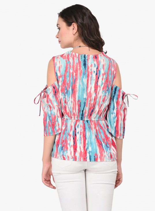 Abstract Print Cold Shoulder Elasticated Top