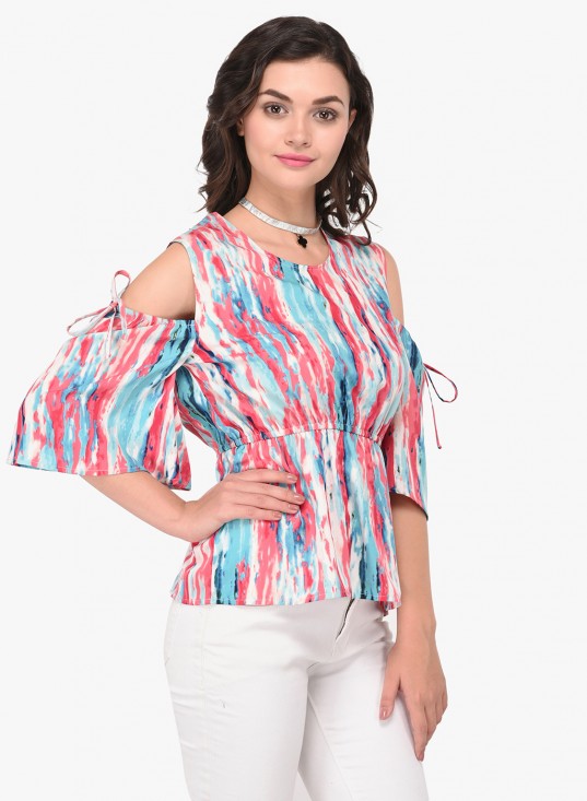Abstract Print Cold Shoulder Elasticated Top