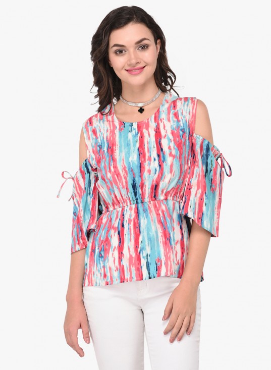 Abstract Print Cold Shoulder Elasticated Top