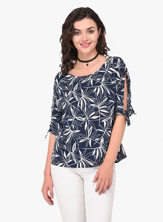Leaf Print Casual Top With Knot Tie Sleeves