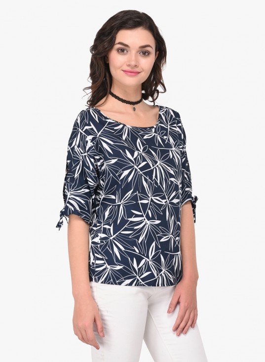 Leaf Print Casual Top With Knot Tie Sleeves