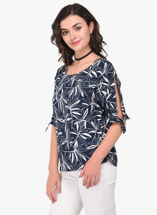Leaf Print Casual Top With Knot Tie Sleeves