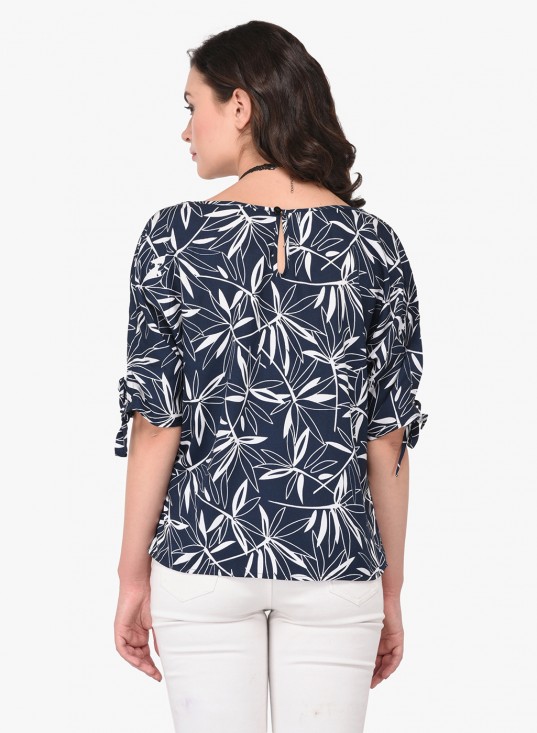Leaf Print Casual Top With Knot Tie Sleeves
