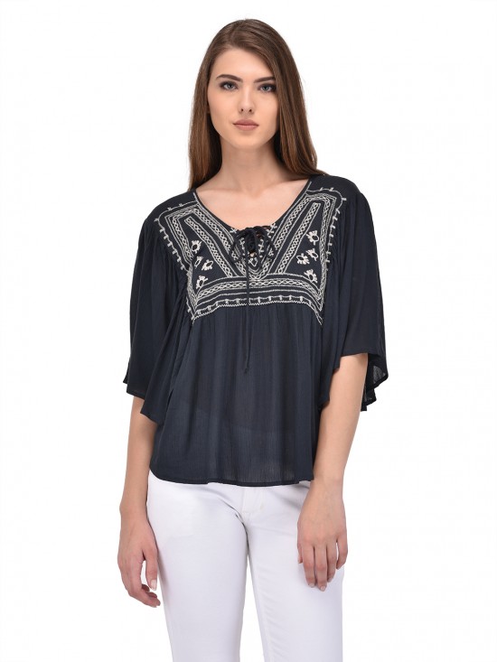PURYS charcoal embroidery kaftan top