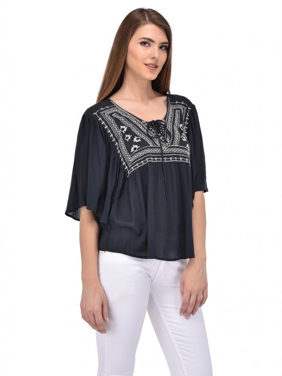 PURYS charcoal embroidery kaftan top