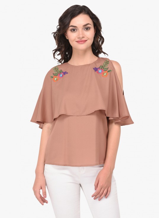 Layered Cold Shoulder Top With Embroidered Motif