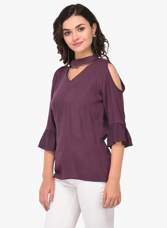 Solid Choker Neck Top With Cold Shoulder Bell Sleeves