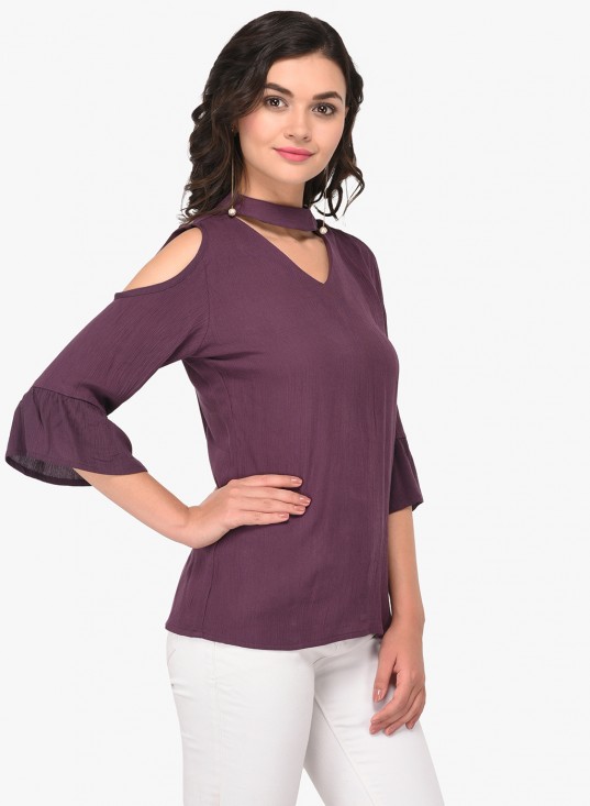 Solid Choker Neck Top With Cold Shoulder Bell Sleeves