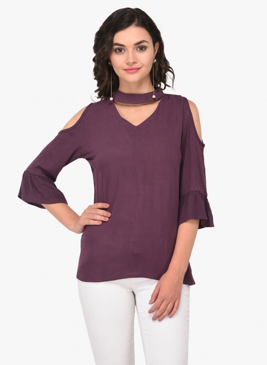 Solid Choker Neck Top With Cold Shoulder Bell Sleeves