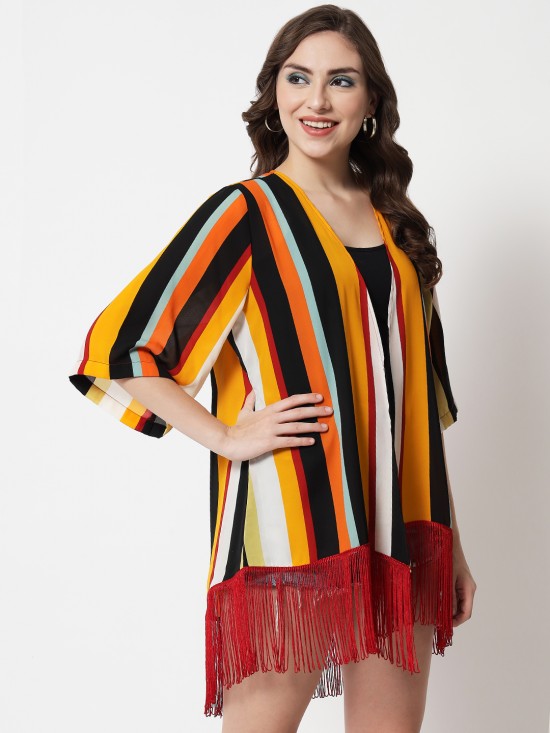Striped fringe Kimono