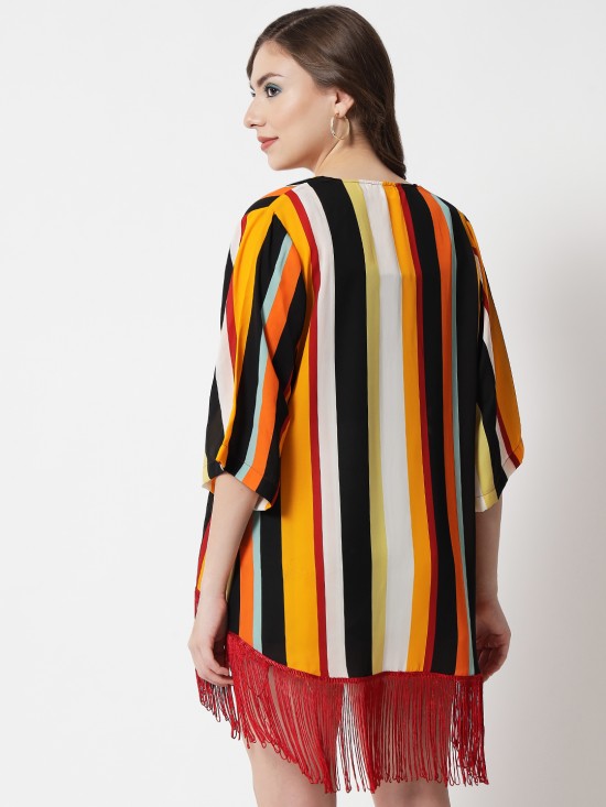 Striped fringe Kimono