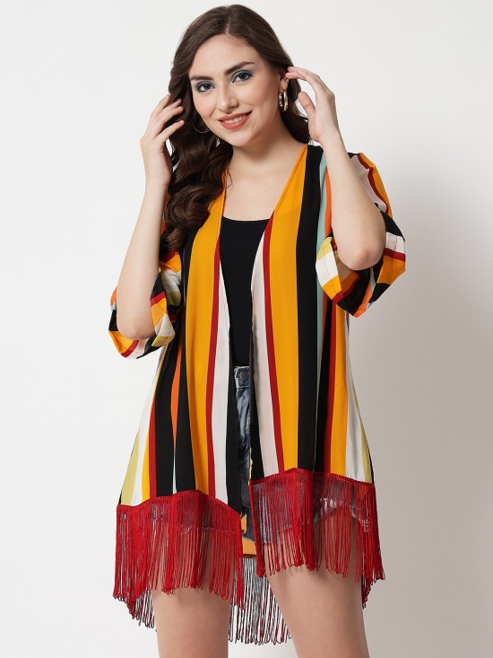 Striped fringe Kimono