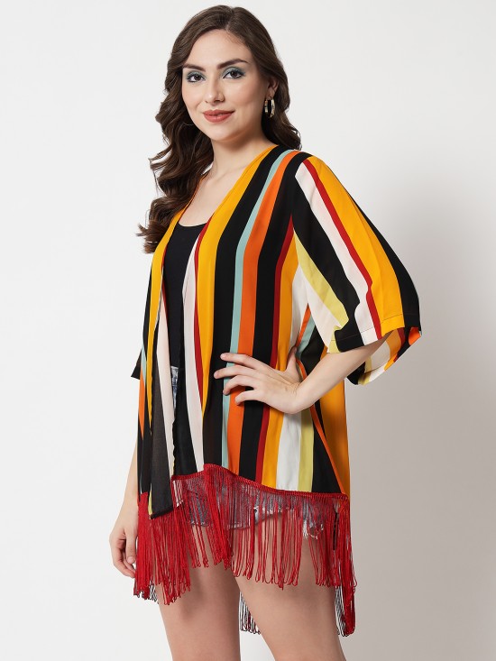 Striped fringe Kimono