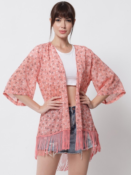 Floral print fringe kimono