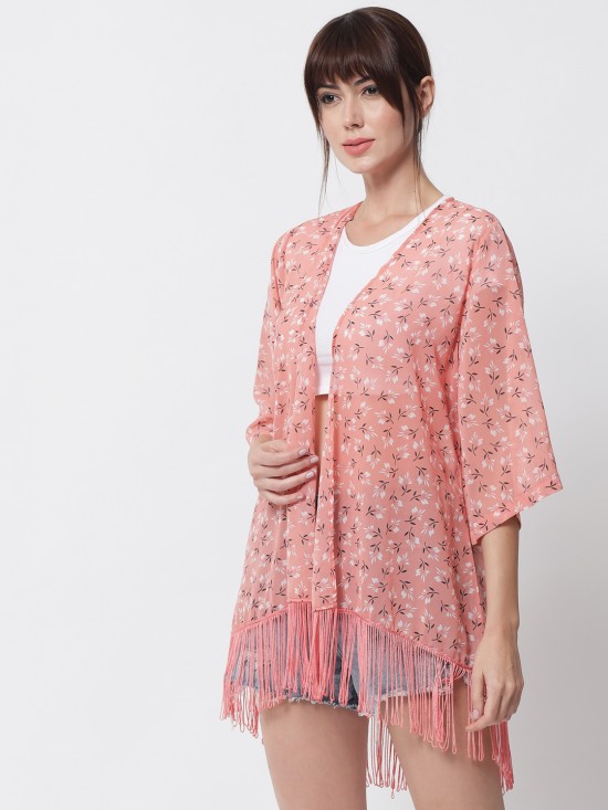 Floral print fringe kimono