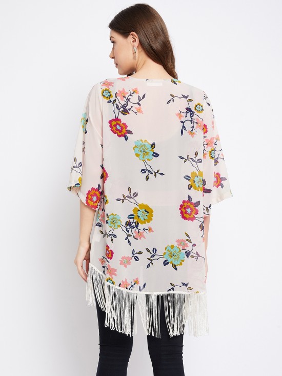 Floral printed fringe kimono