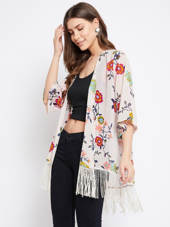 Floral printed fringe kimono