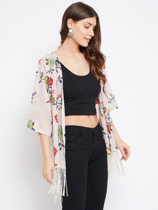 Floral printed fringe kimono