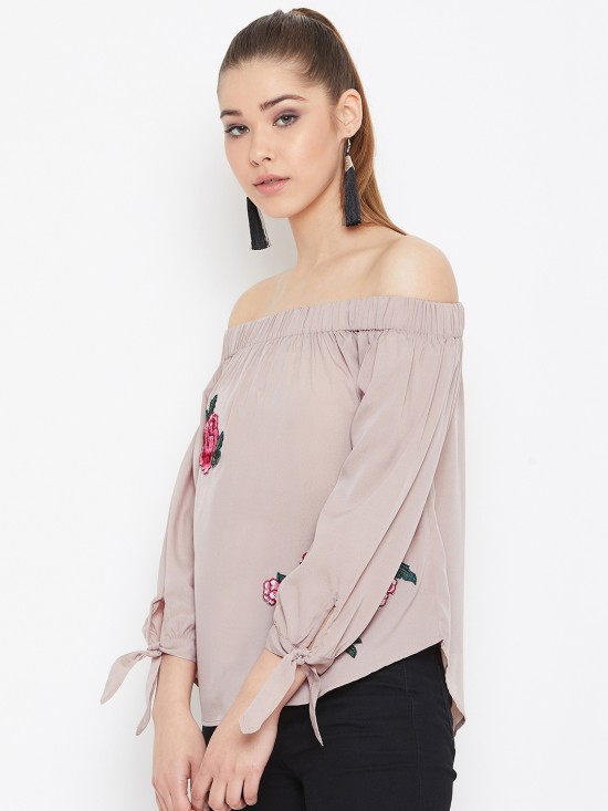 Solid Off Shoulder Top With Floral Patch