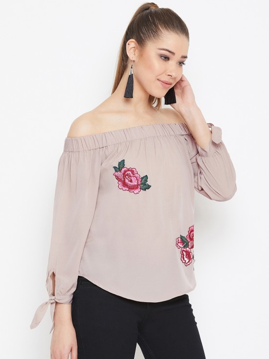 Solid Off Shoulder Top With Floral Patch