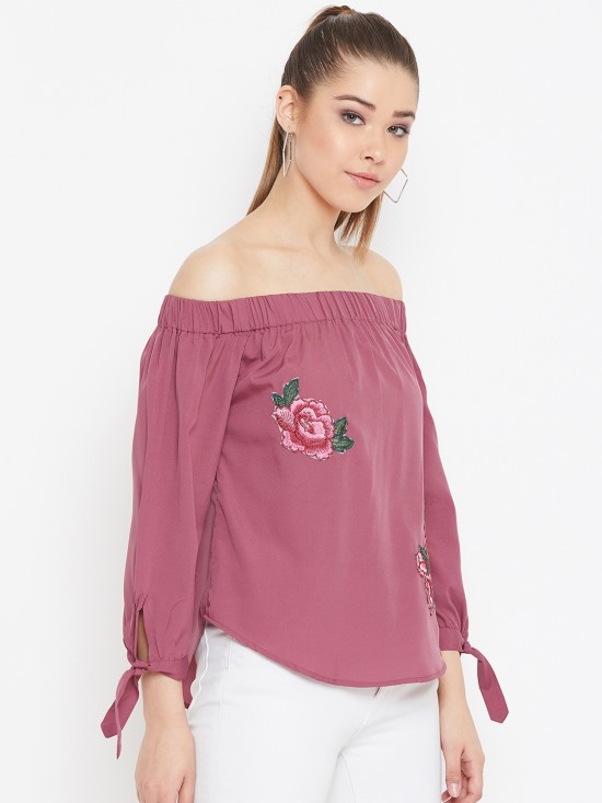 Solid Off Shoulder Top With Floral Patch