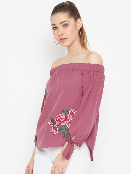 Solid Off Shoulder Top With Floral Patch