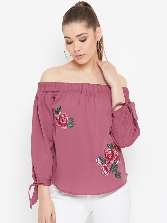 Solid Off Shoulder Top With Floral Patch