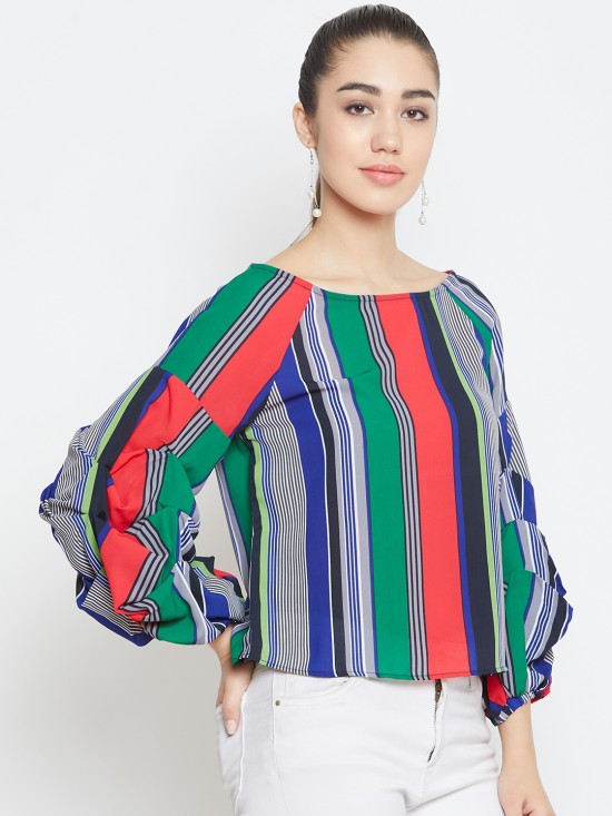 Baloon Tucked Sleeves Stripes Top