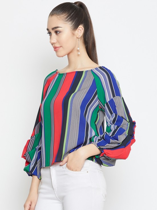 Baloon Tucked Sleeves Stripes Top