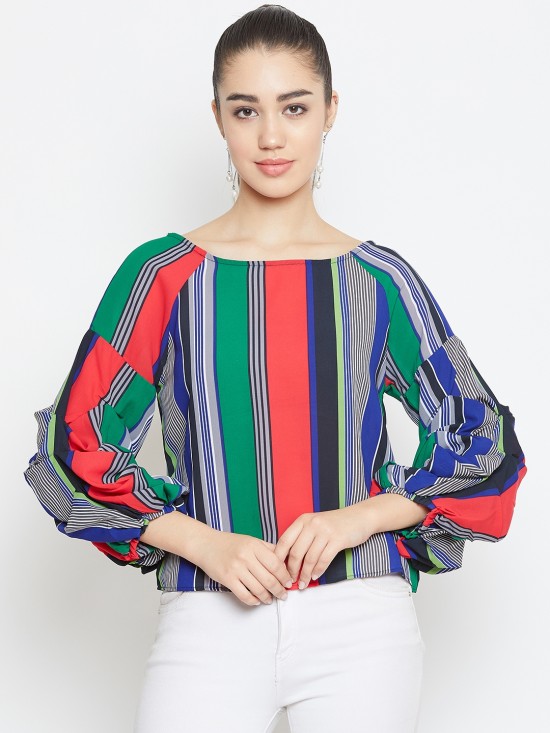 Baloon Tucked Sleeves Stripes Top