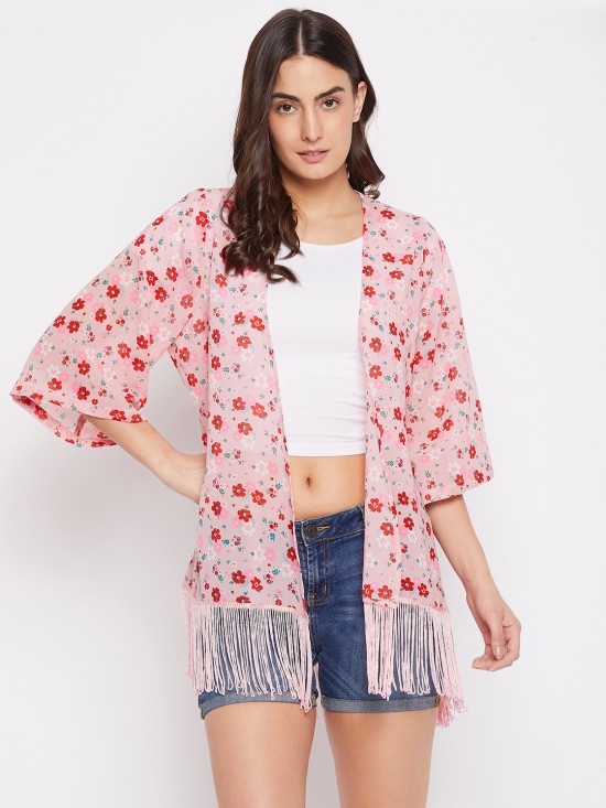 Floral printed fringe kimono