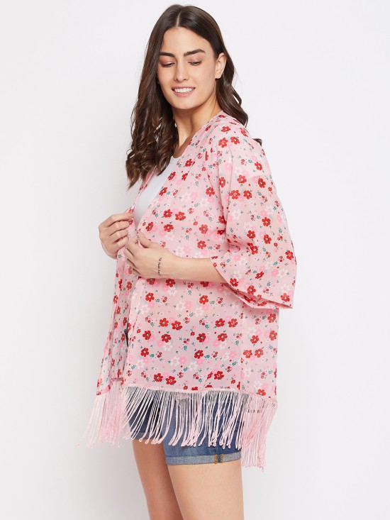 Floral printed fringe kimono