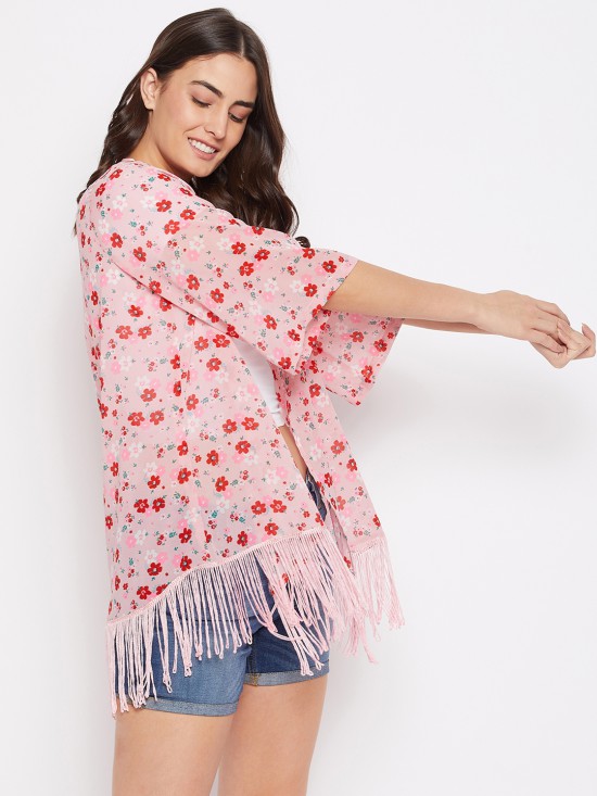 Floral printed fringe kimono