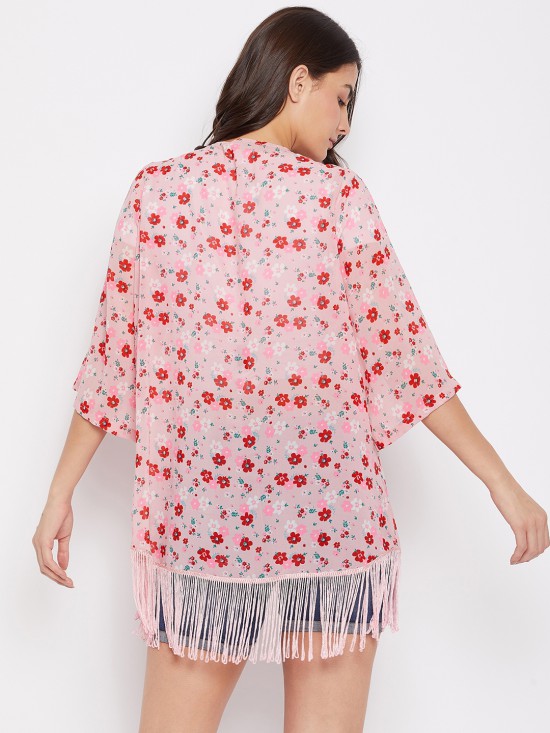 Floral printed fringe kimono