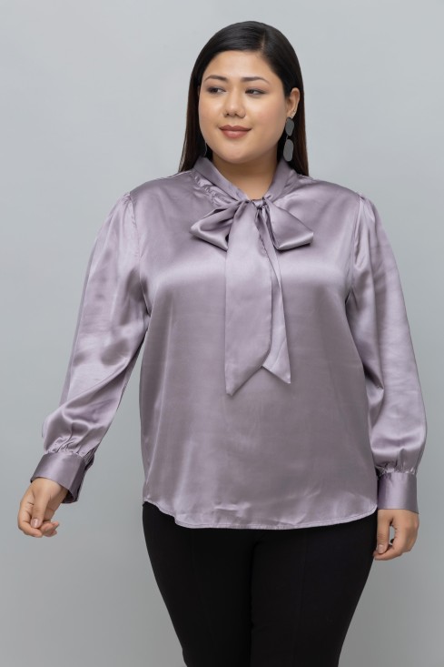 Solid Satin Tie Neck Top