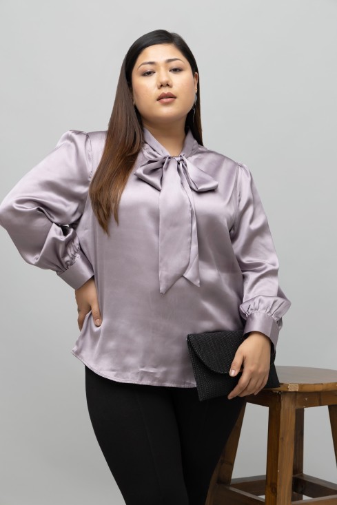 Solid Satin Tie Neck Top