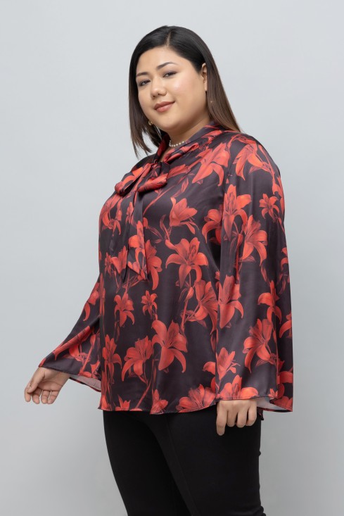 Red Lilly Print Tie Top