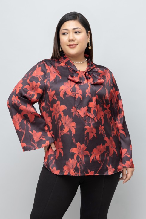 Red Lilly Print Tie Top