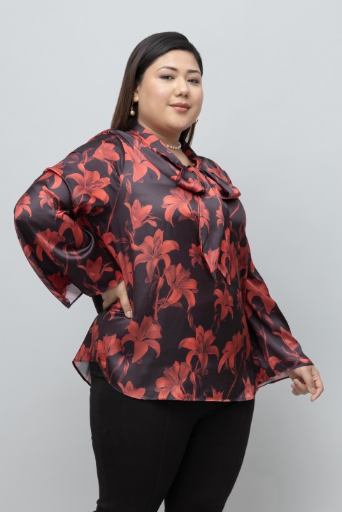 Red Lilly Print Tie Top