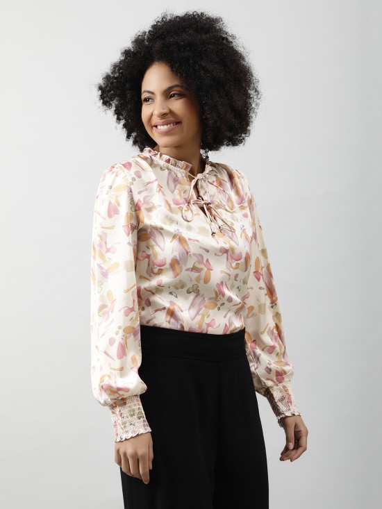 Tie-Up Neck Smocked Satin Top