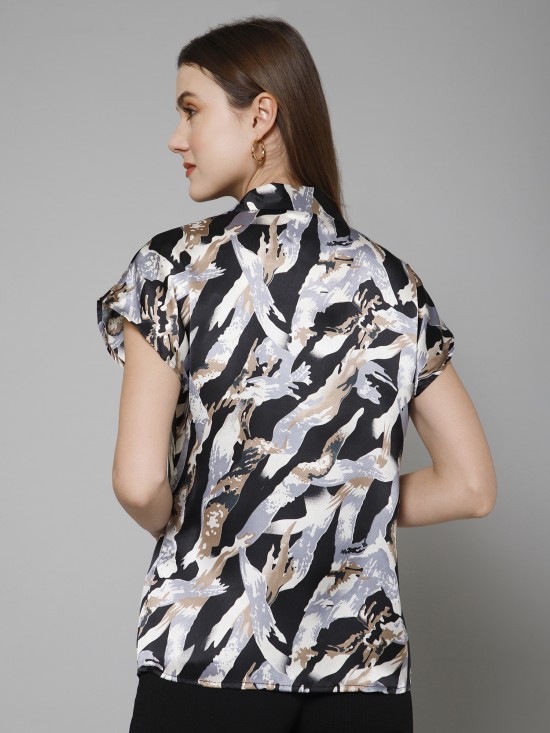 Abstract Casual Short Sleeves Satin Shirt