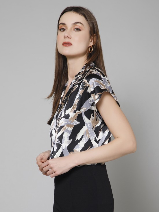 Abstract Casual Short Sleeves Satin Shirt