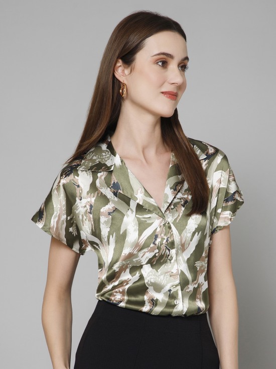 Abstract Casual Short Sleeves Satin Shirt