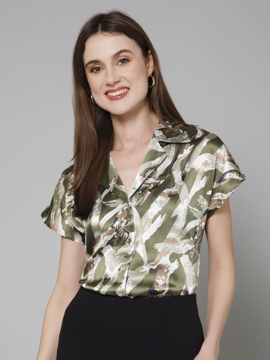 Abstract Casual Short Sleeves Satin Shirt